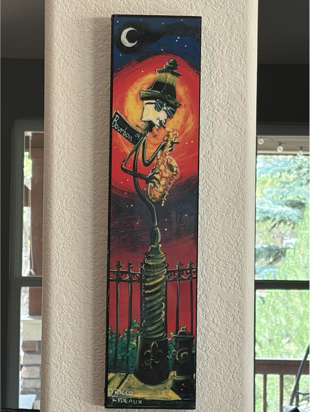 Hand Painted Wood Art Lamp Post Sax Signed Rocco Rideaux Wall Decor Laquered